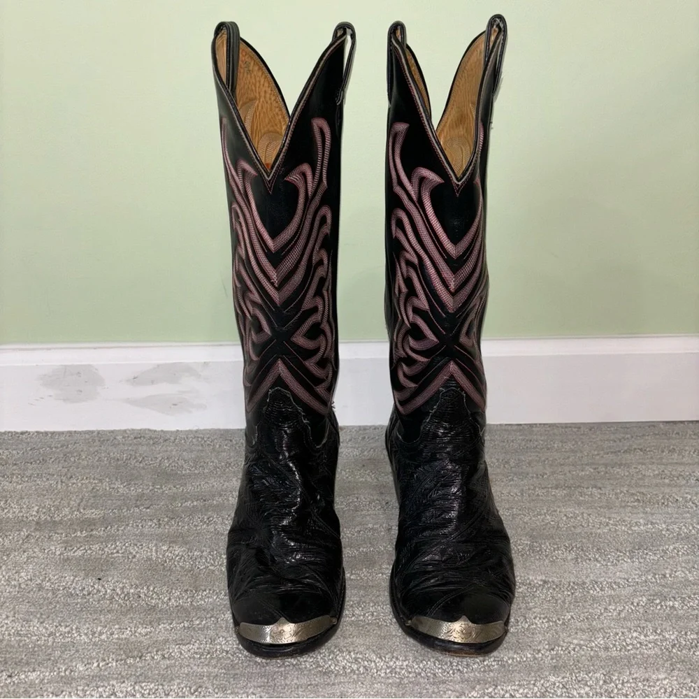 VTG Tony Lama Black Embroidered Eel Skin Leather Metal Cowboy Boots Men’s Sz 9 D - Picture 4 of 11